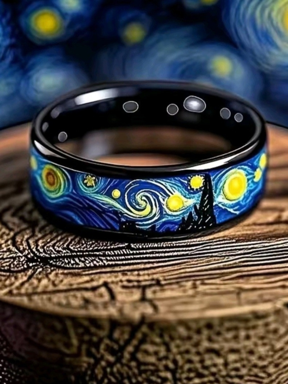 Van Gogh's Starry Night Blue Enamel Men's Ring Size 12
